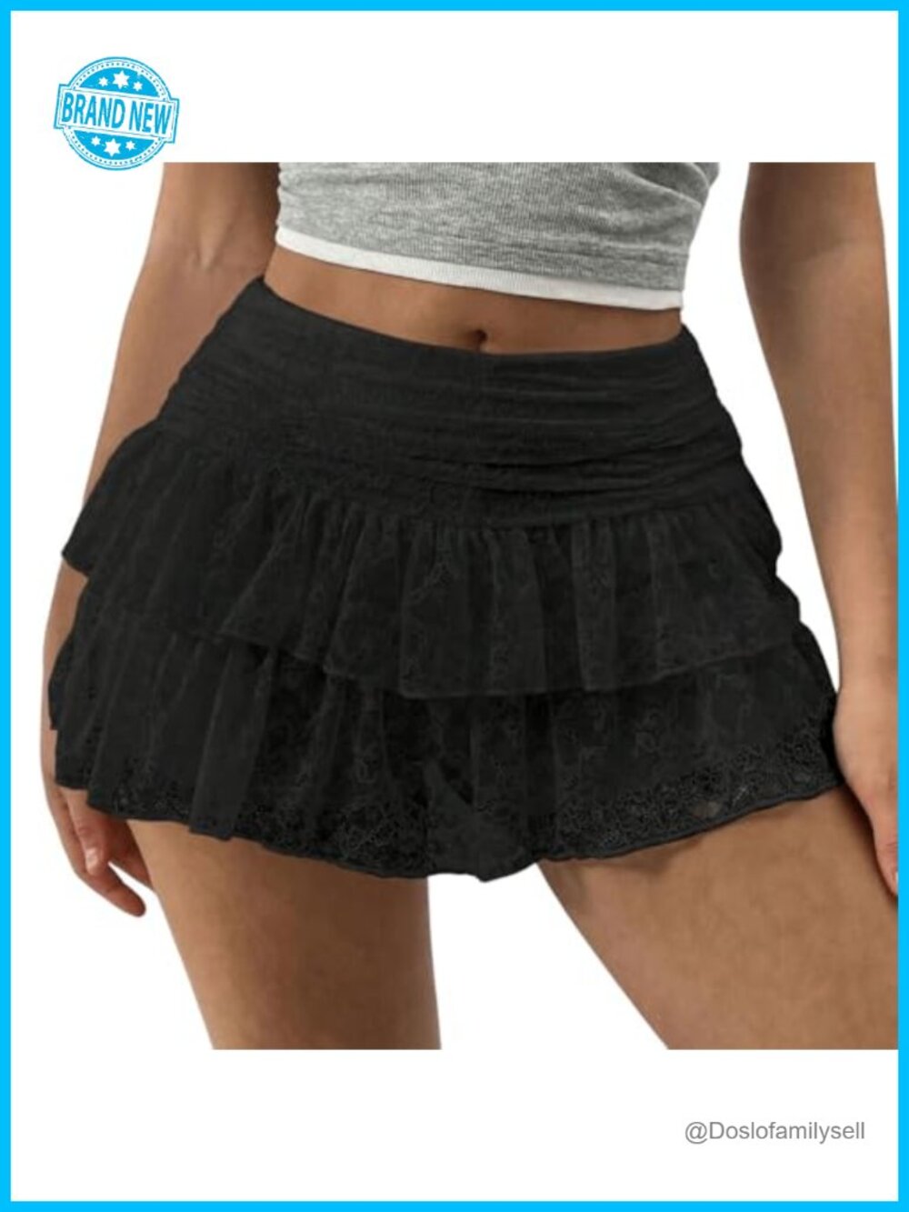 Lace Floral Mini Skirt Pleated Ruffle A-Line Built-in Shorts Cotton Blend